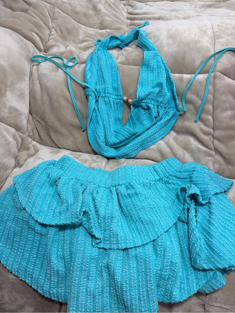 Turquoise Halter Top & Ruffle Mini Skirt Set